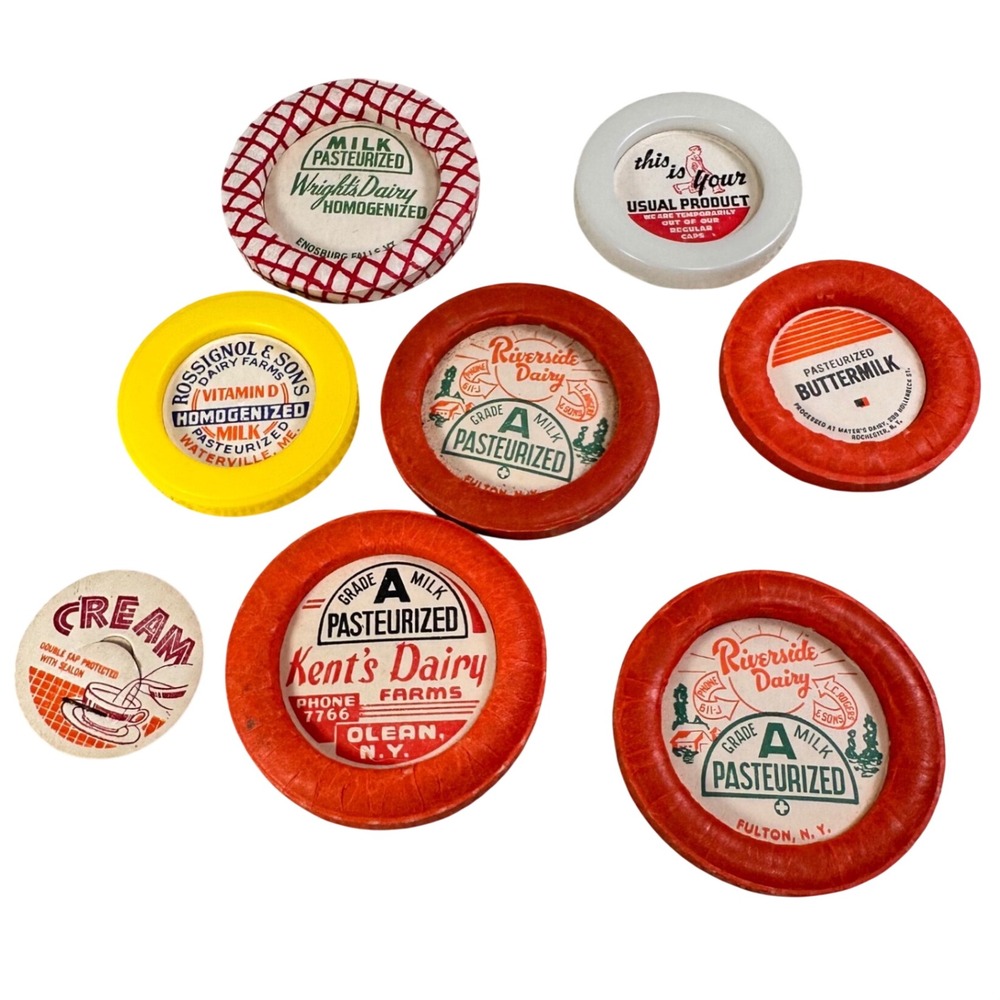 Vintage Milk Bottle Caps Lot Kent's Riverside Dairy Rossignol Wright's 8pc NY VT